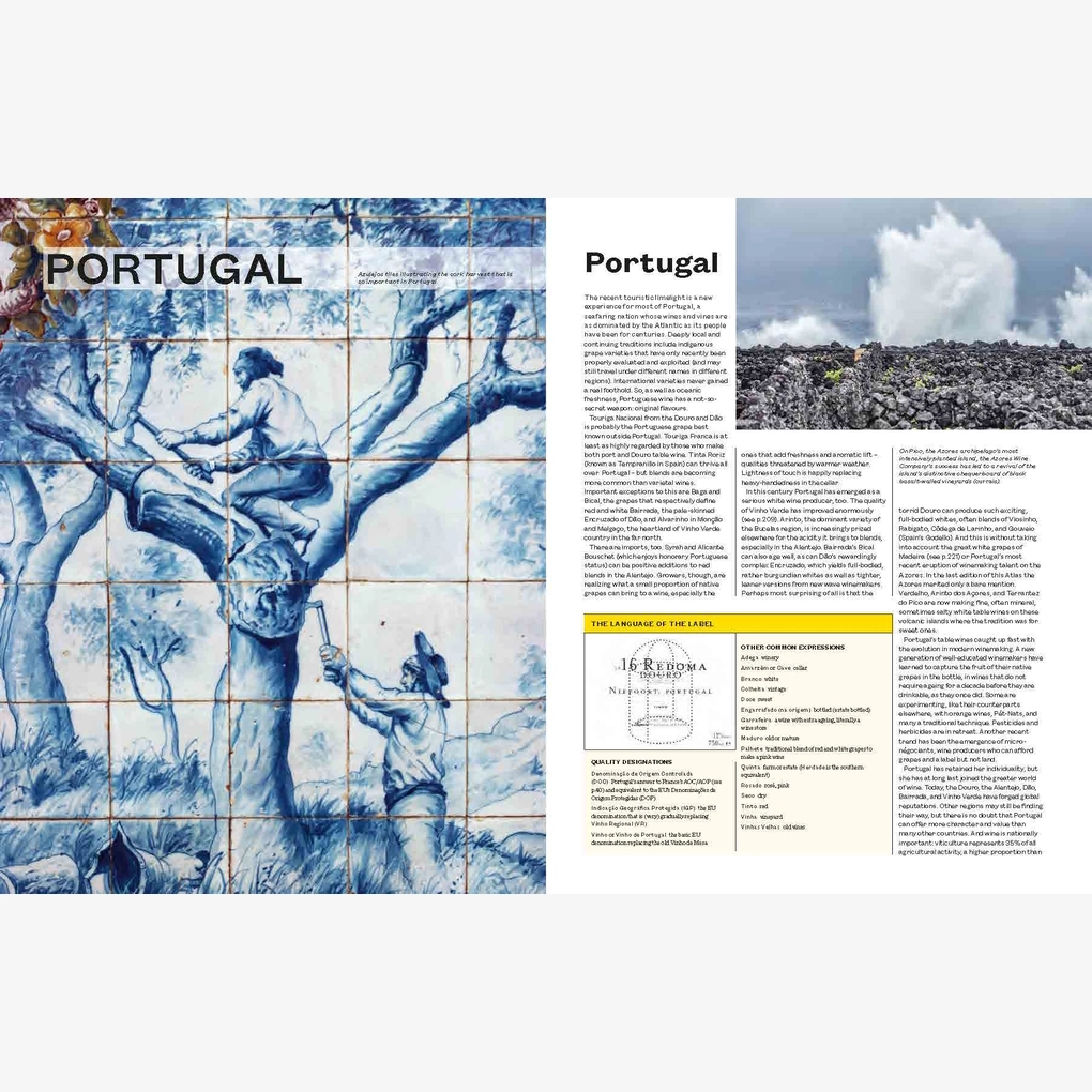 An interior spread on the wine of Portugal, illustrated with Portuguese tiles.